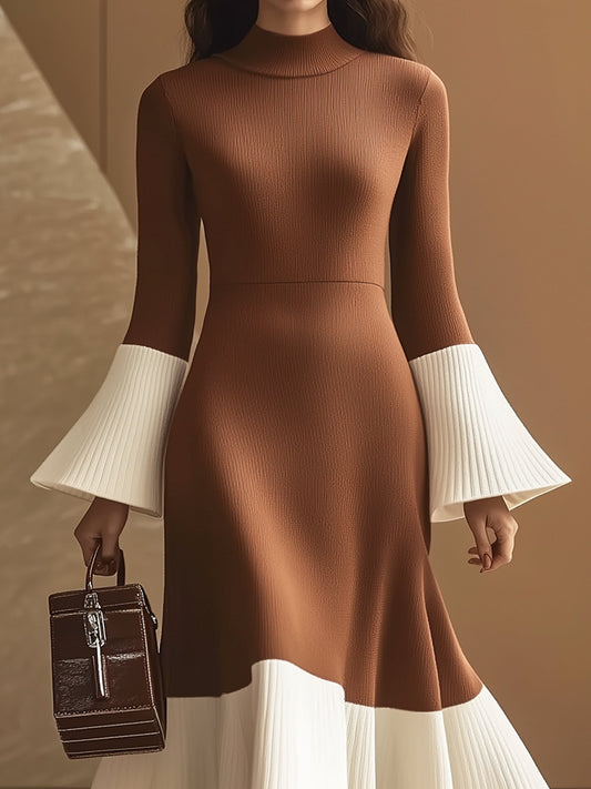 Elegant Turtleneck Contrast Color Knitted Dress With Flared Sleeves