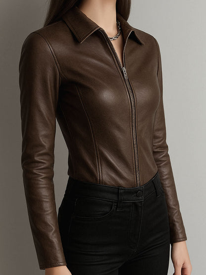 Fitted Moto Chic Chocolate Brown Eco Leather Shirt