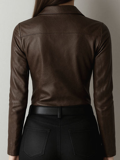 Fitted Moto Chic Chocolate Brown Eco Leather Shirt