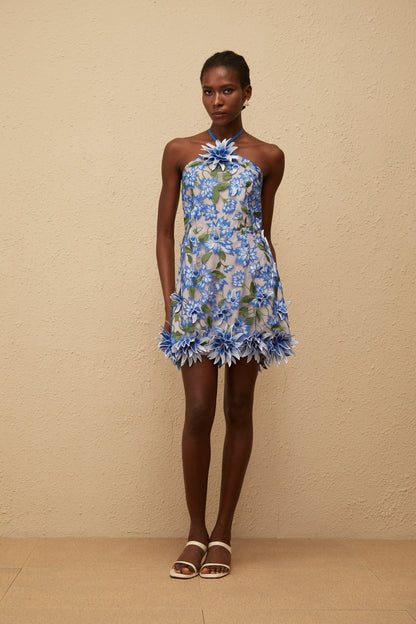 Doriane Blue Halterneck Floral Embroidered Mini Dress