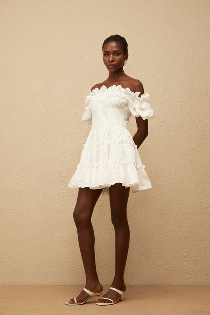 Irja White Off-Shoulder Shirred Mini Dress