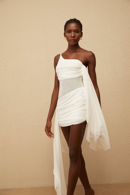 Despoina White Ruched Mesh Mini Dress