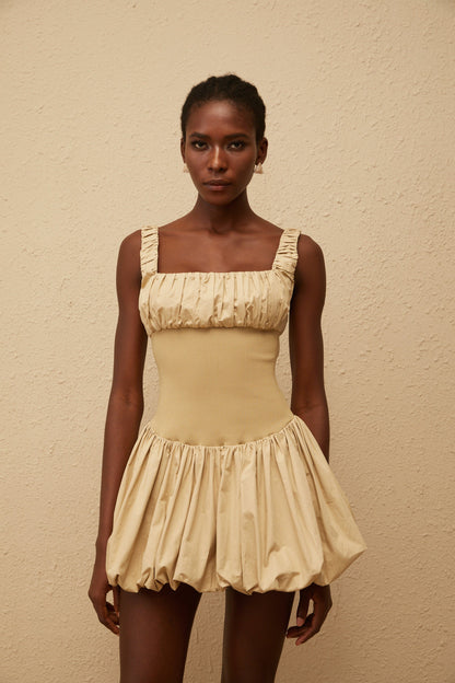 Sandrine Khaki Shirred Bubble Hem Mini Dress