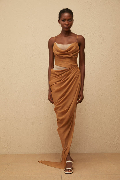 Charisa Khaki Draped Chiffon Maxi Dress