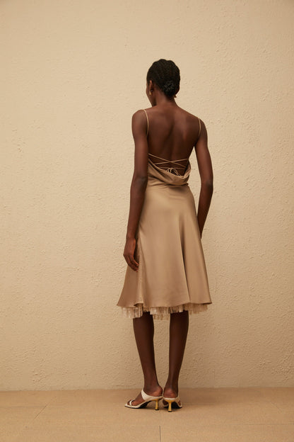Ananias Khaki Lace Panel Satin Midi Dress