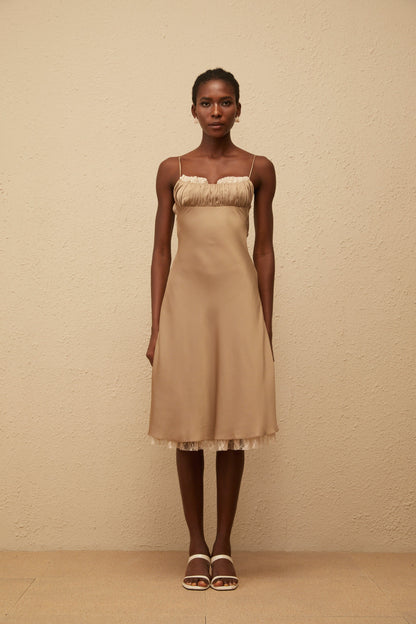 Ananias Khaki Lace Panel Satin Midi Dress