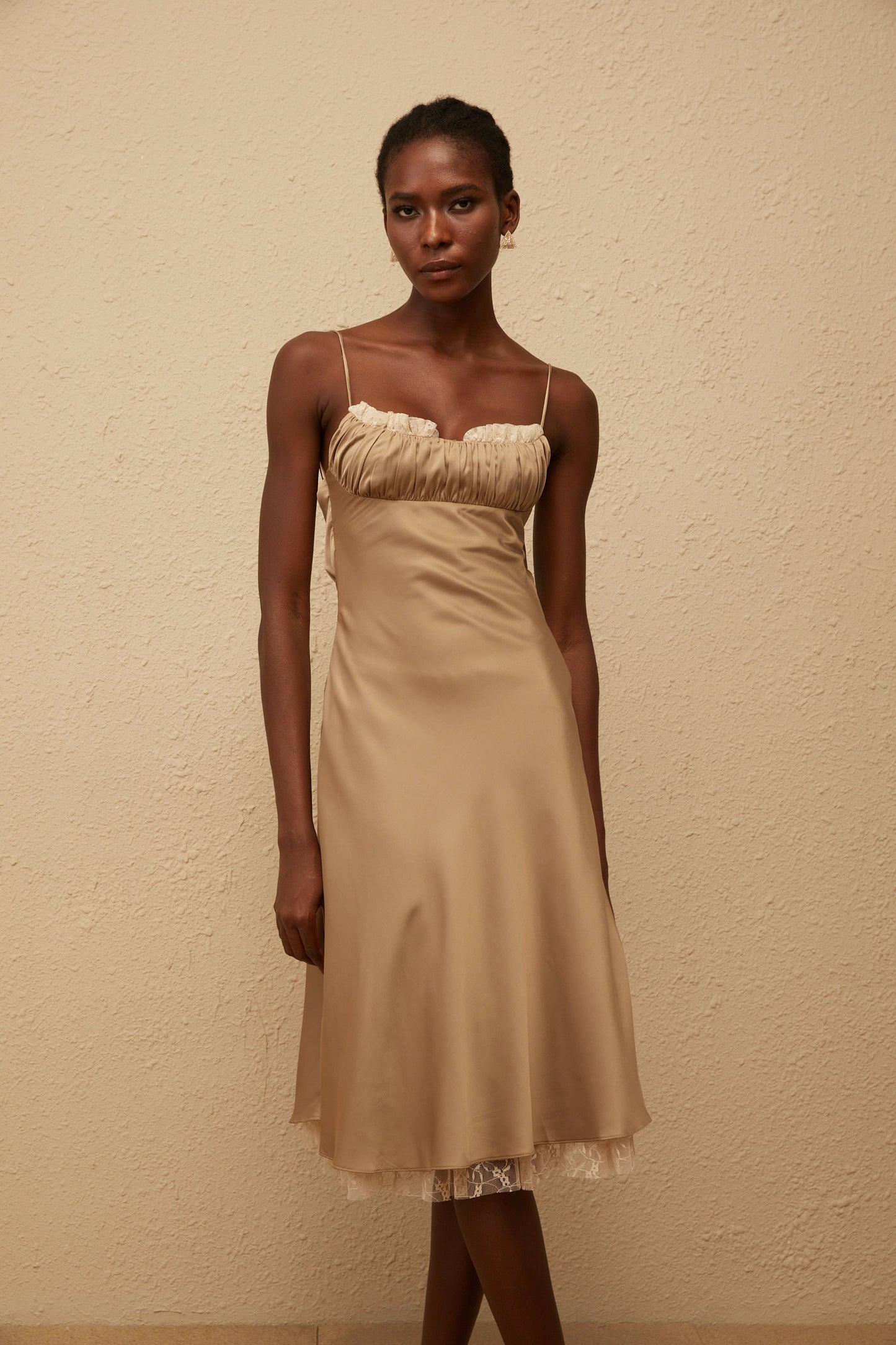 Ananias Khaki Lace Panel Satin Midi Dress