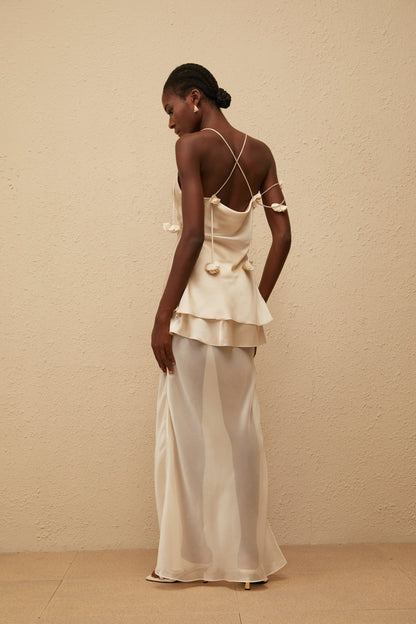 Aikaterini Neutral 3D Petal Satin Matching Set