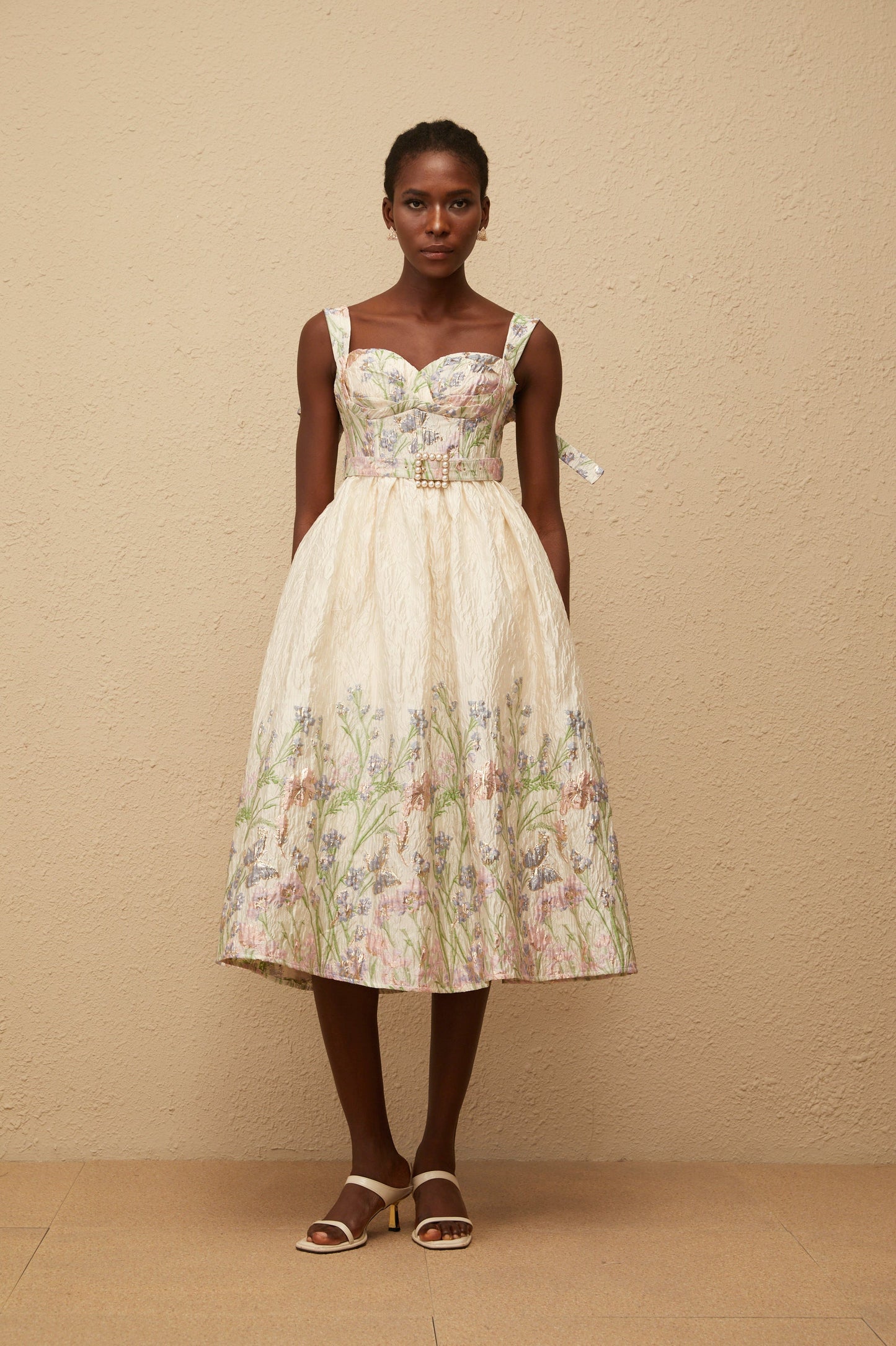 Inaya Neutral Jacquard Floral Midi Dress