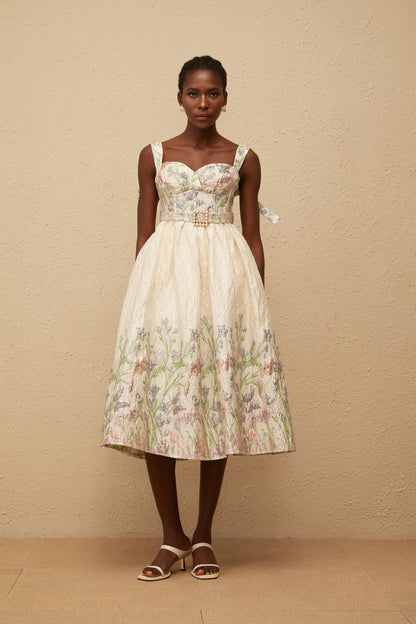 Inaya Neutral Jacquard Floral Midi Dress