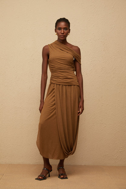 Catarina Brown Asymmetrical Ruched Maxi Dress