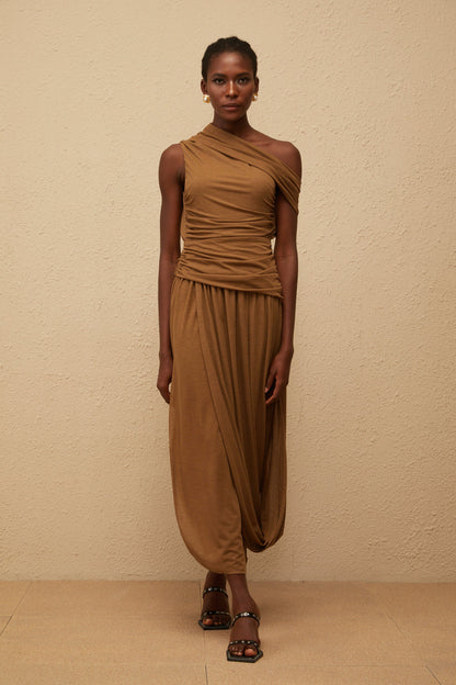 Catarina Brown Asymmetrical Ruched Maxi Dress