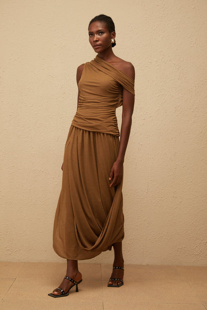 Catarina Brown Asymmetrical Ruched Maxi Dress