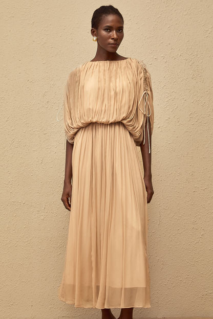 Charitina Neutral Fully Pleated Blouse & Skirt Set