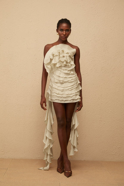 Anneli Neutral Off-Shoulder Ruffled Mini Dress