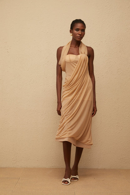 Mielikki Khaki Asymmetrical Tulle Panel Midi Dress