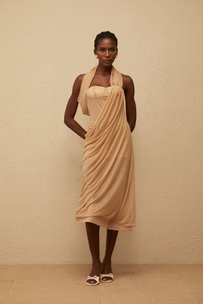Mielikki Khaki Asymmetrical Tulle Panel Midi Dress