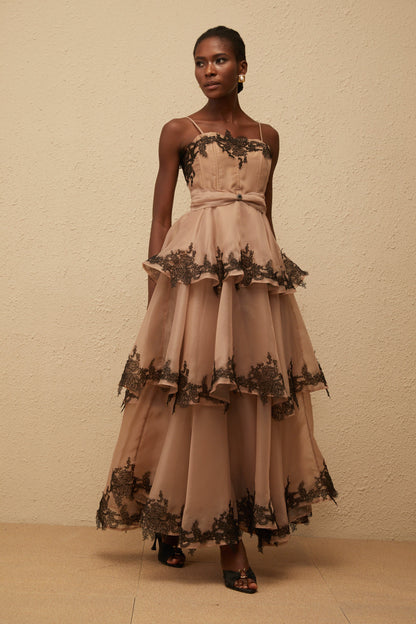 Frideborg Brown Tiered Tulle Maxi Dress