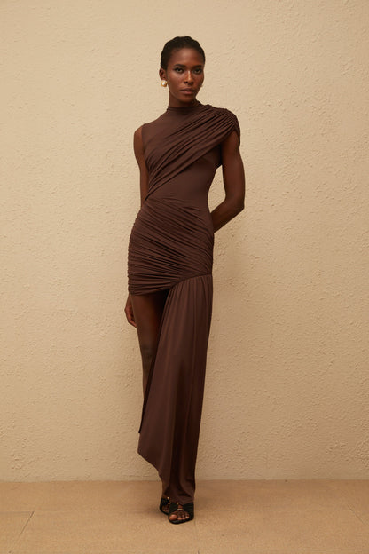 Fée Brown Asymmetrical Ruched Mini Dress