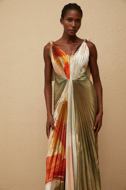 Giulia Green Smudged Graffiti Satin Maxi Dress