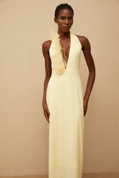 Brume Yellow Halterneck 3D Petal Maxi Dress