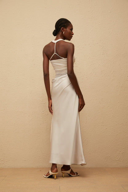 Taina Grey Mesh Panel Ruched Maxi Dress