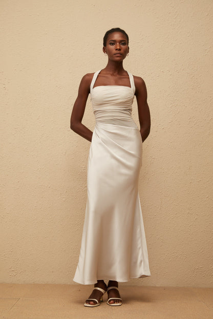 Taina Grey Mesh Panel Ruched Maxi Dress