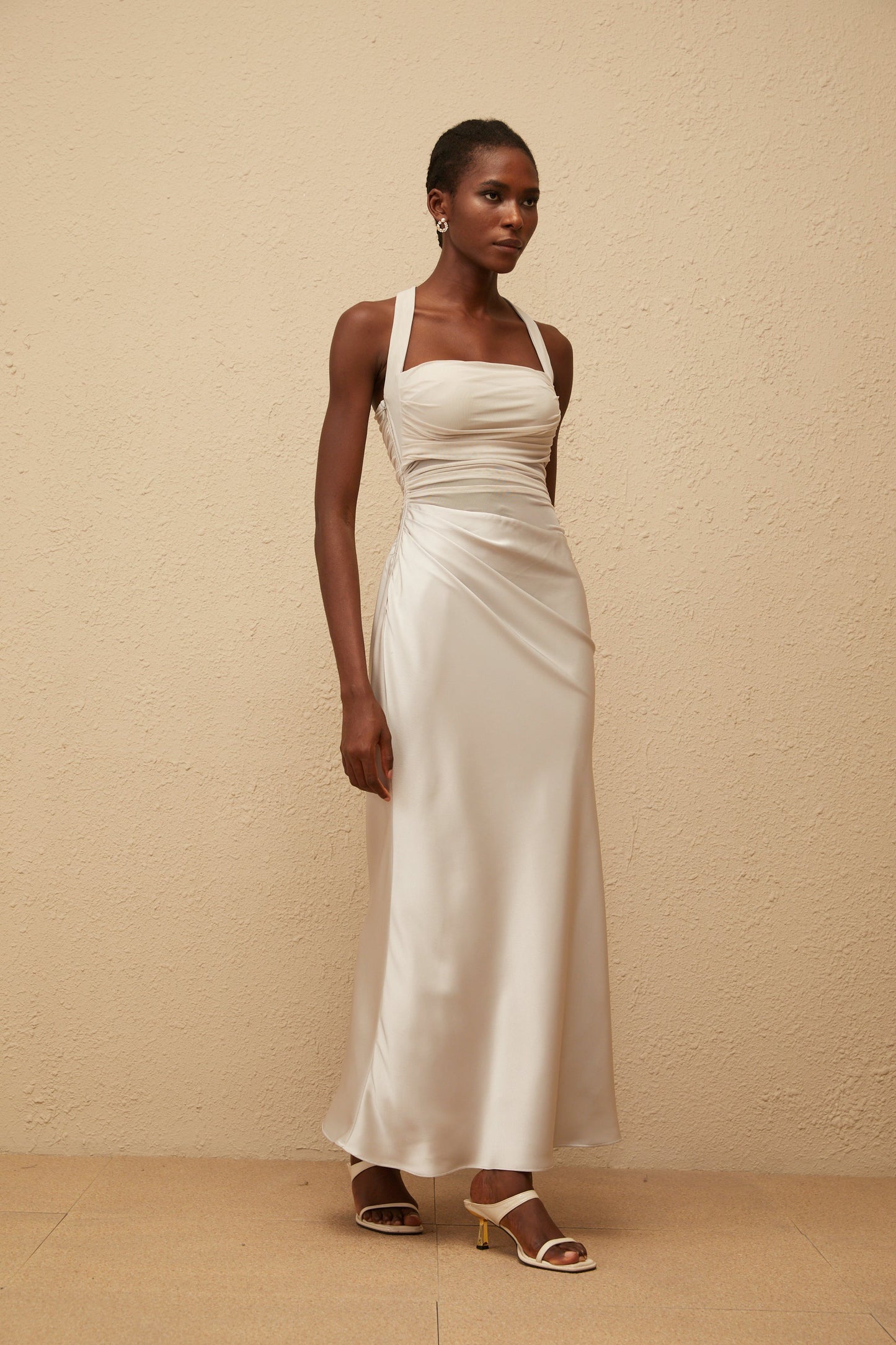 Taina Grey Mesh Panel Ruched Maxi Dress