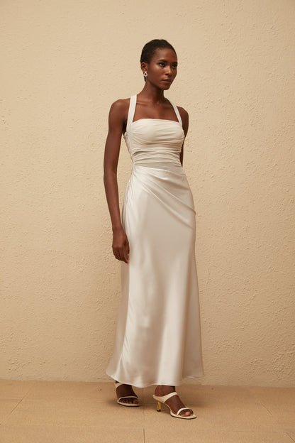 Taina Grey Mesh Panel Ruched Maxi Dress