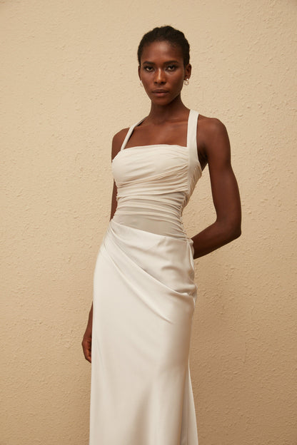 Taina Grey Mesh Panel Ruched Maxi Dress