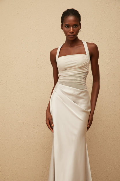 Taina Grey Mesh Panel Ruched Maxi Dress