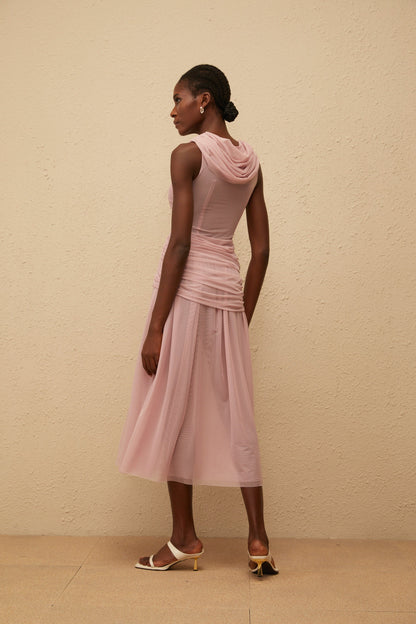 Sérénité Lilac Cross-Over Mesh Midi Dress