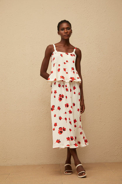 Cerise White Pleated Floral Print Top & Skirt Set