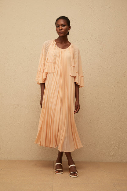Urbaine Pink Cape Design Pleated Chiffon Midi Dress