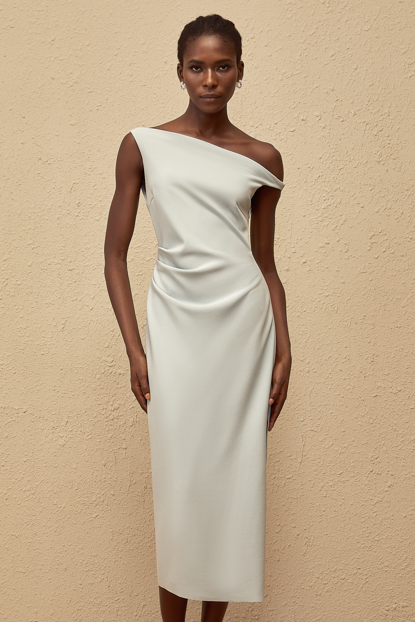 Dagny Blue One Shoulder Gathered Midi Dress