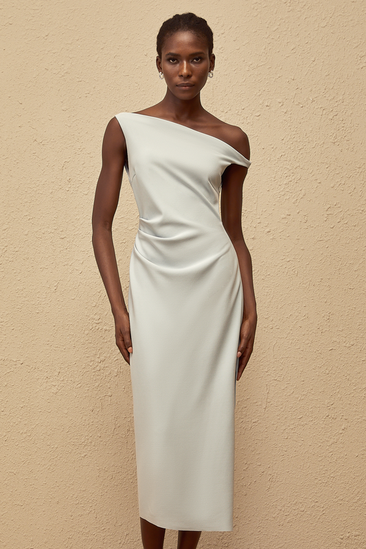 Dagny Blue One Shoulder Gathered Midi Dress