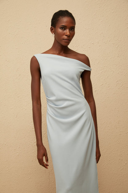 Dagny Blue One Shoulder Gathered Midi Dress