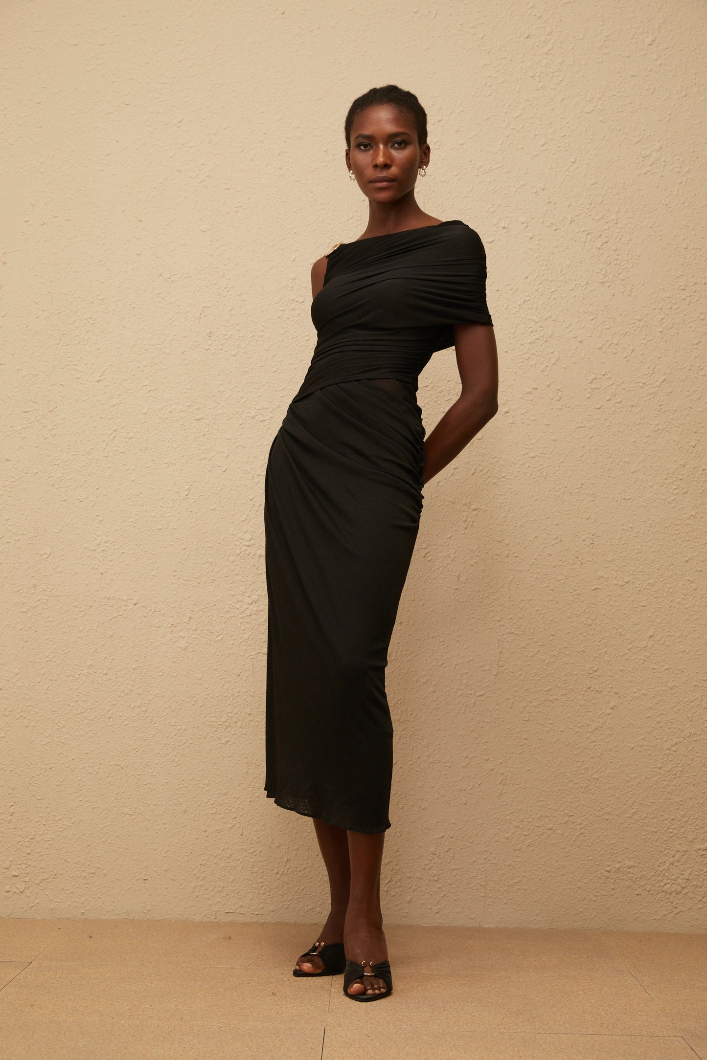 Latika Black One Shoulder Gathered Midi Dress