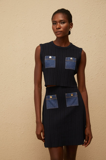 Cleopatra Blue Denim Panel Ribbed Knit Matching Set