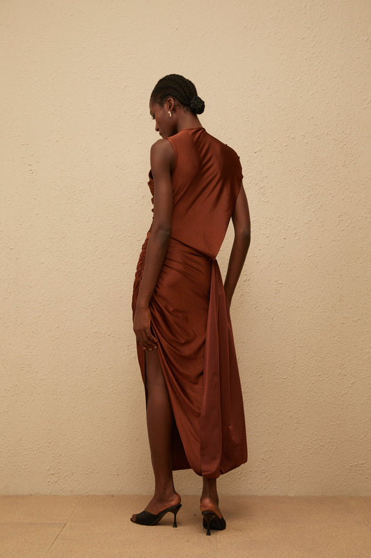 Reine Brown Asymmetrical Ruched Maxi Dress