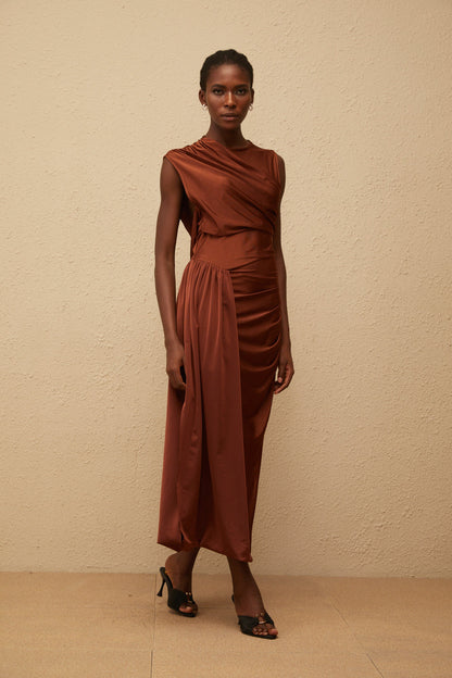 Reine Brown Asymmetrical Ruched Maxi Dress