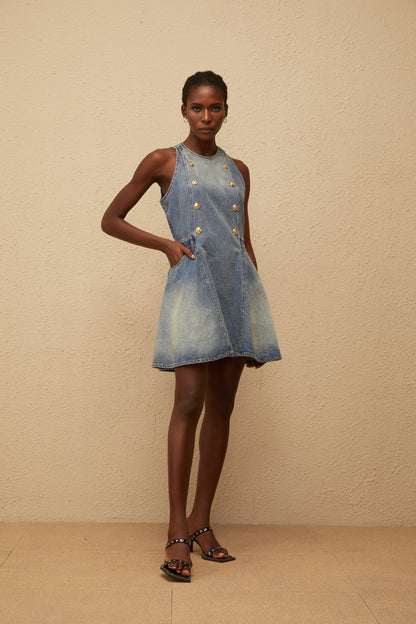 Gunnel Blue Faded Effect Denim Mini Dress