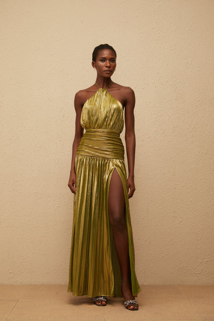 Alchimie Green Glossy Pleated Maxi Dress