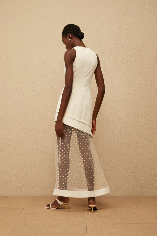Esteri White Polka Dot Tulle Panel Maxi Dress