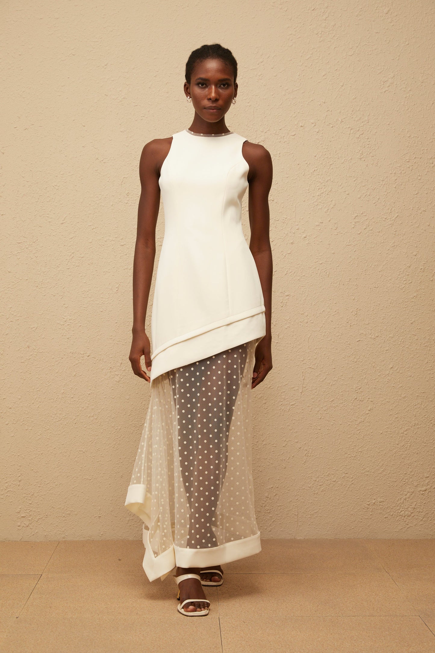 Esteri White Polka Dot Tulle Panel Maxi Dress