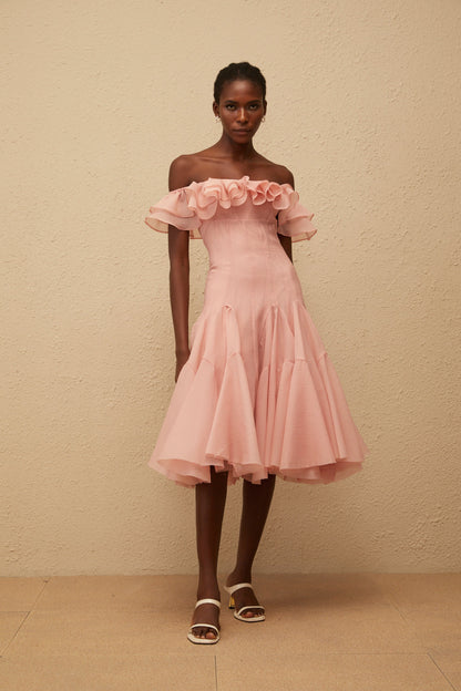 Margarita Pink Godet Ruffled Midi Dress