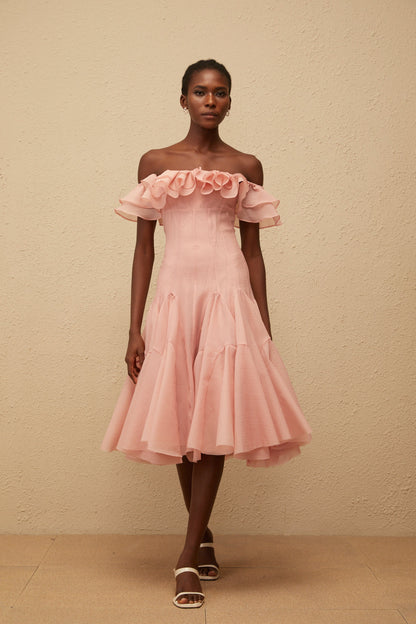 Margarita Pink Godet Ruffled Midi Dress