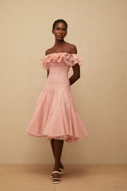 Margarita Pink Godet Ruffled Midi Dress