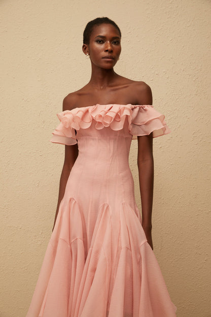 Margarita Pink Godet Ruffled Midi Dress
