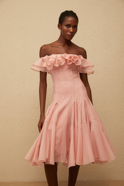 Margarita Pink Godet Ruffled Midi Dress